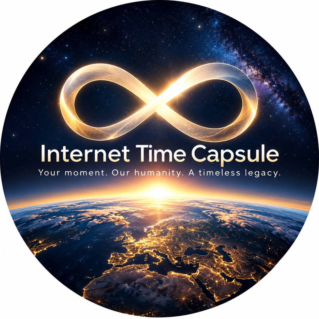 Internet Time Capsule — golden infinity symbol over the Earth and a star-filled sky